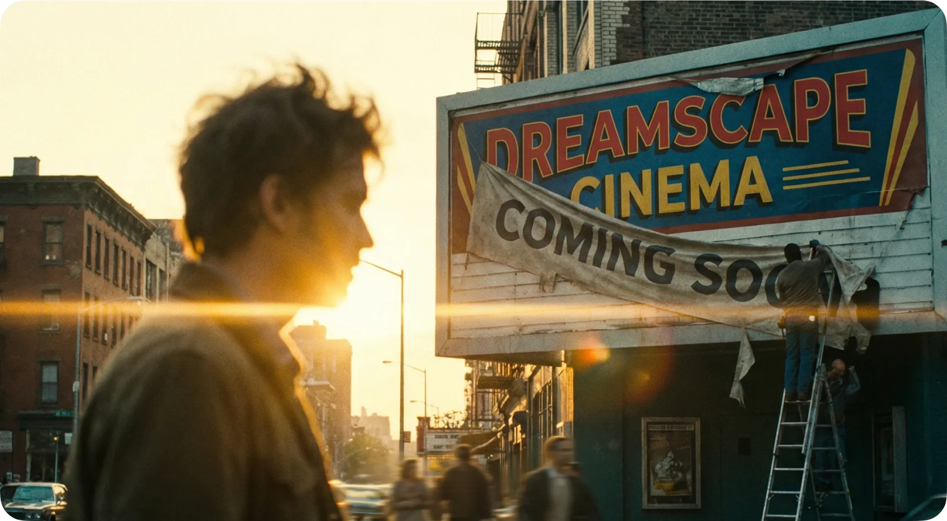 Cinematic street advertisement scene